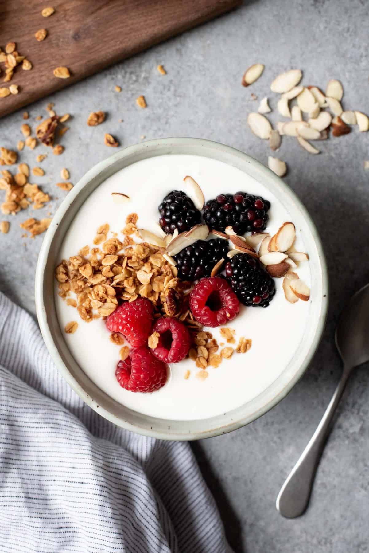 Overhead shot of 24-hour yogurt in a bowl, topped with granola and berries