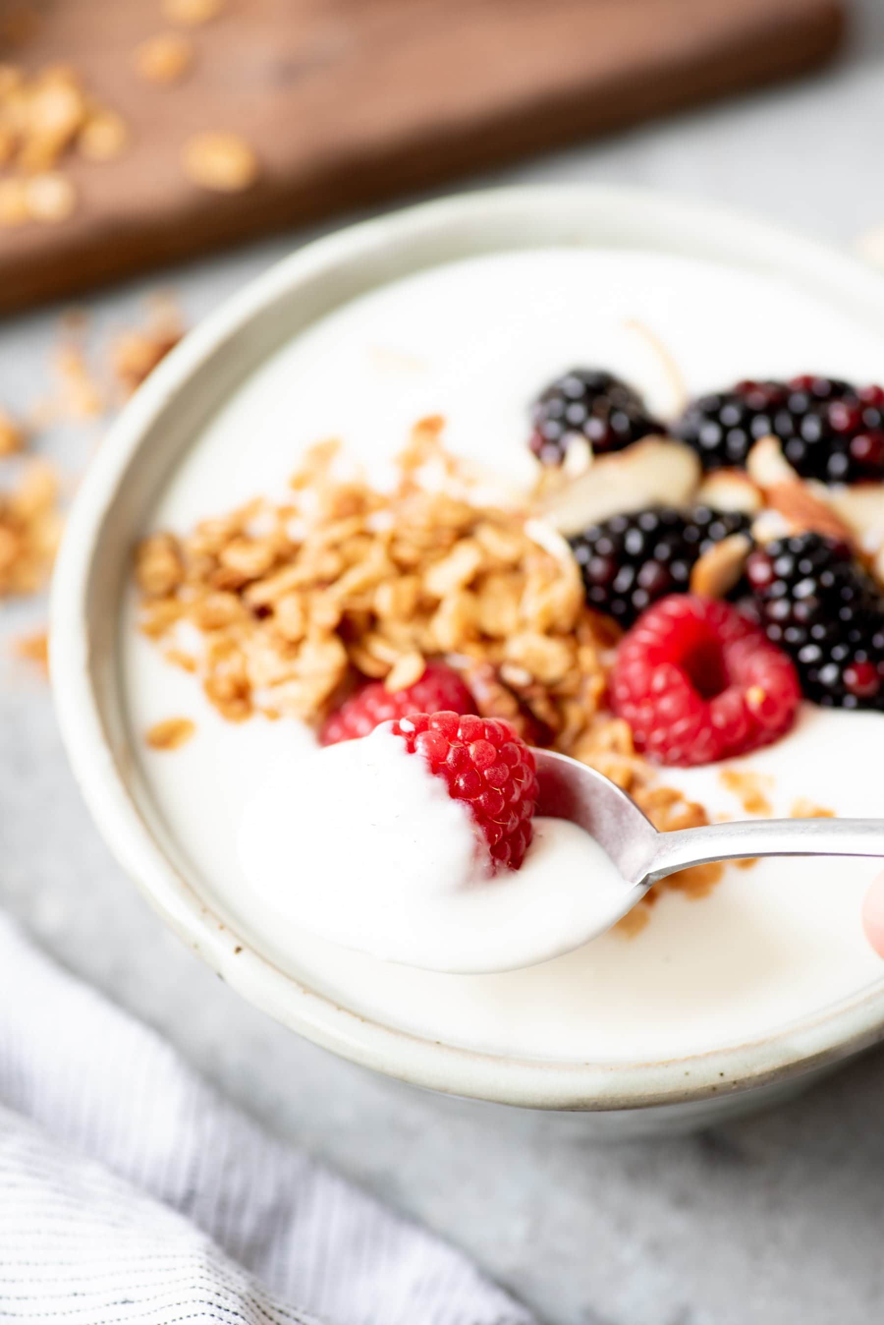 Spoon dipping into a bowl of 24-hour yogurt topped with granola and berries