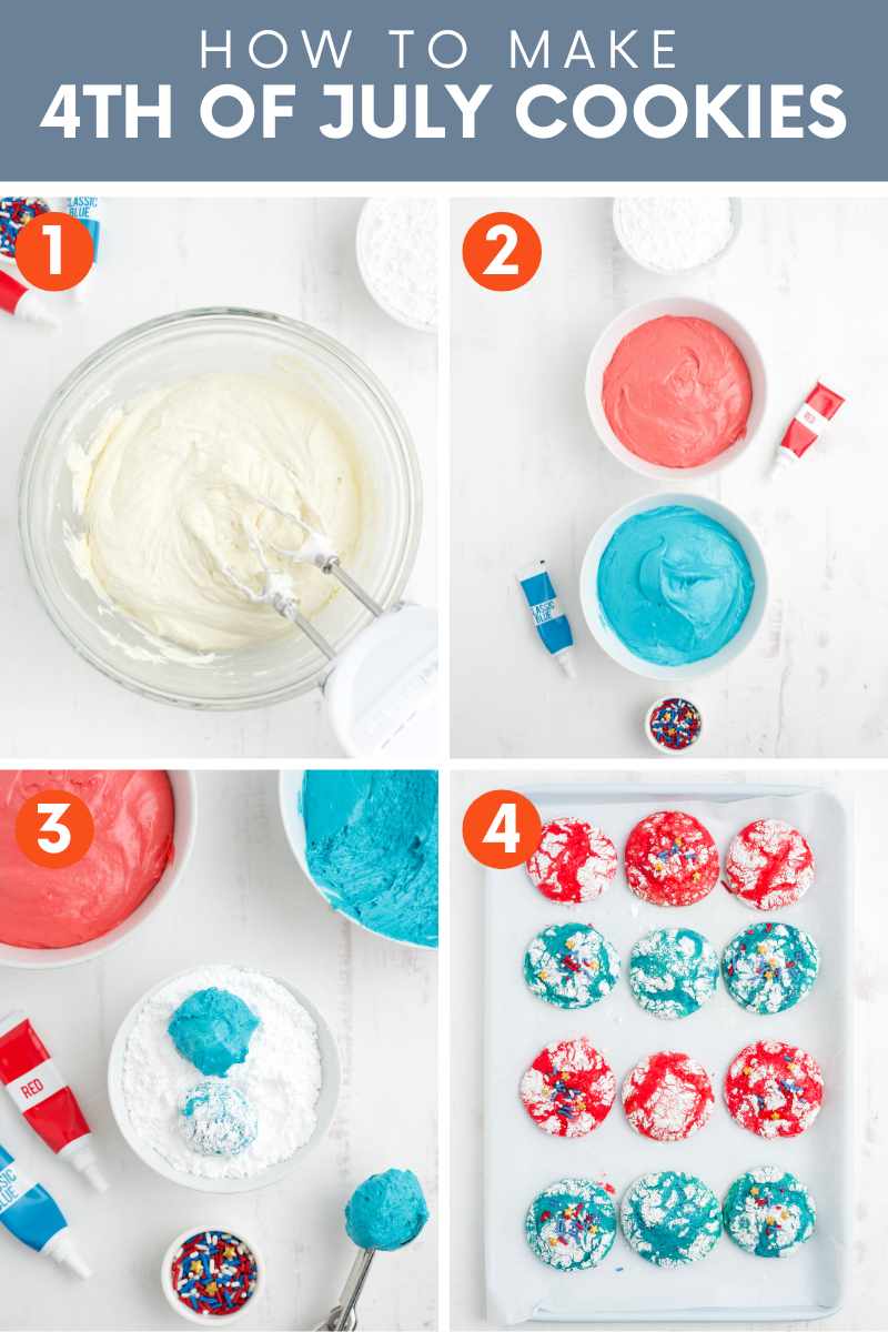 Collage of four simple steps to make festive cool whip cookies. A text overlay reads, "How to Make 4th of July Cookies."