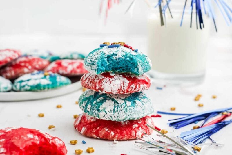 Four 4th of July cookies stacked in alternating colors, red and blue.