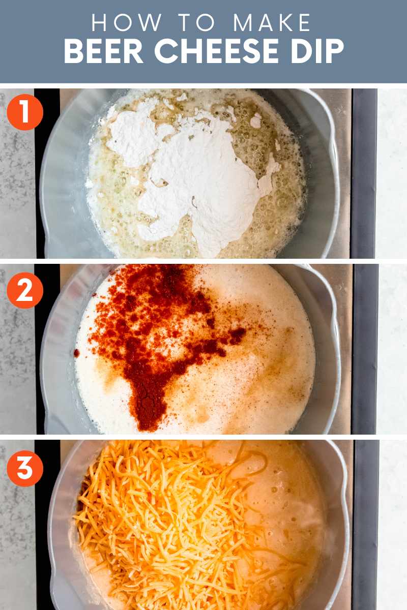 Collage of three simple steps to make beer cheese dip. A text overlay reads, "How to Make Beer Cheese Dip."