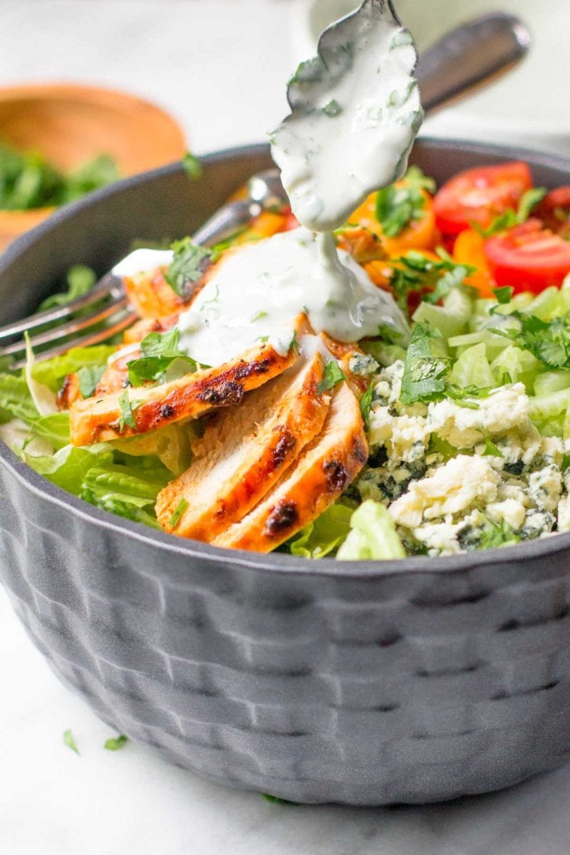 Grilled Buffalo Chicken Salad with Greek Yogurt Blue Cheese Dressing