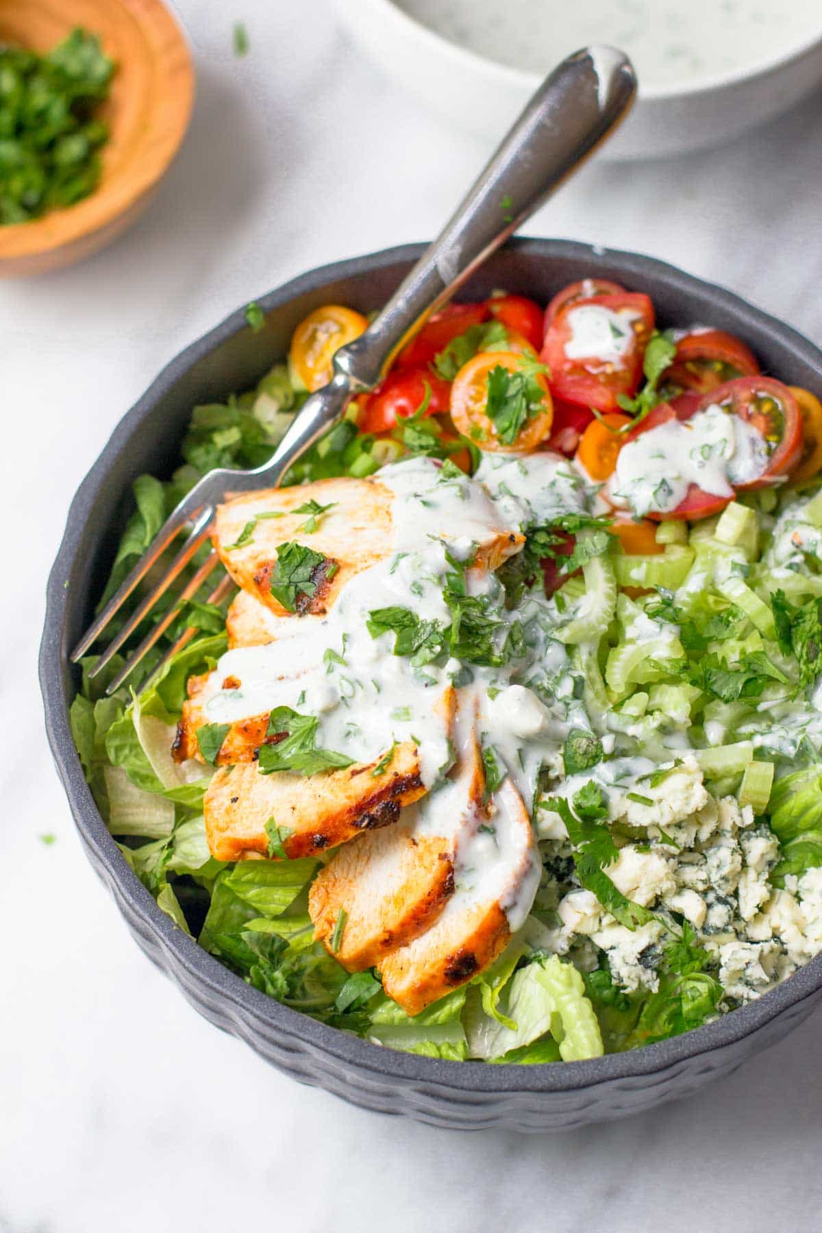 Grilled Buffalo Chicken Salad with Greek Yogurt Blue Cheese Dressing