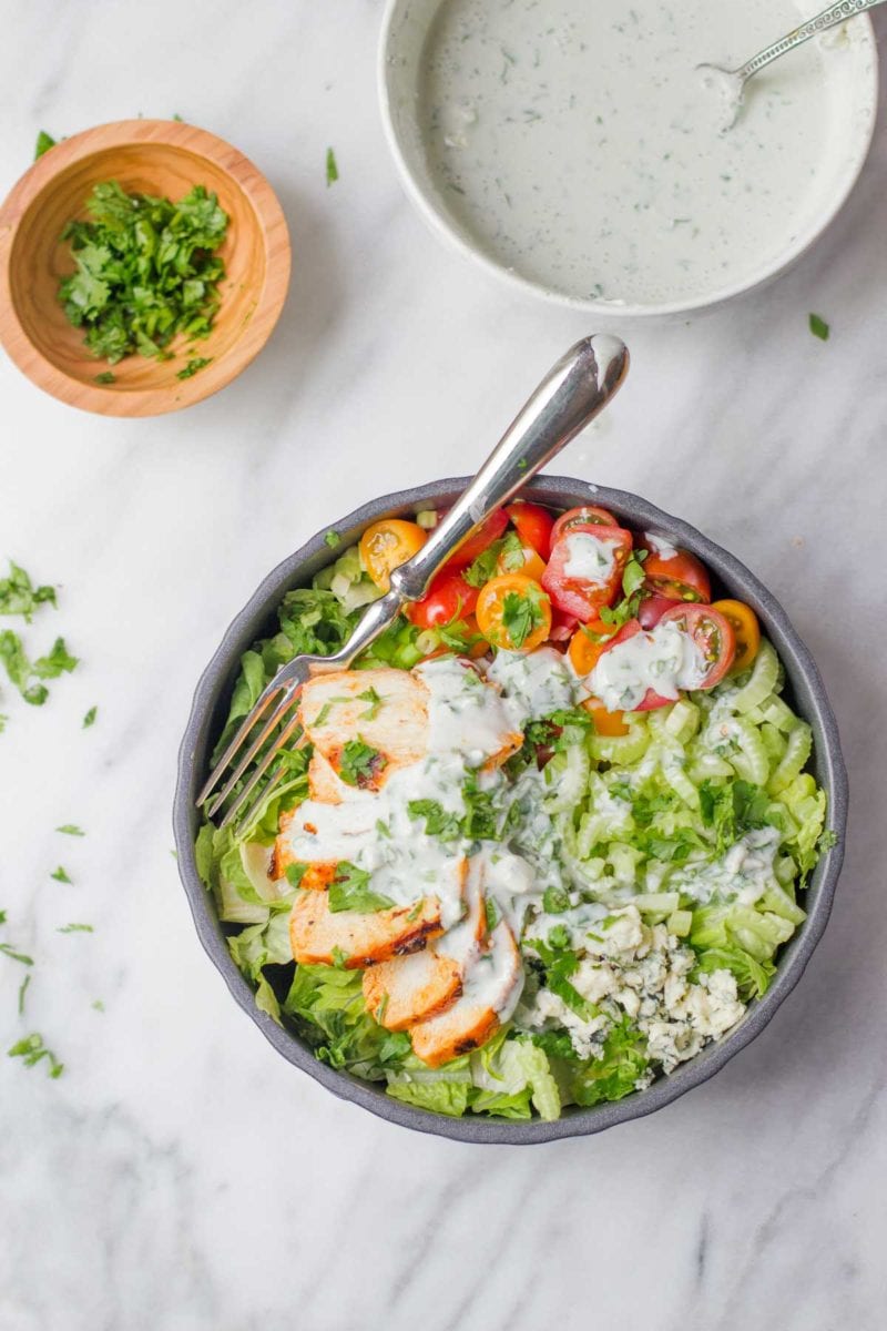 Grilled Buffalo Chicken Salad with Greek Yogurt Blue Cheese Dressing