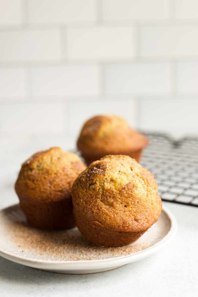 Two cinnamon muffins served on a plate with additional cinnamon sugar dusted over them.