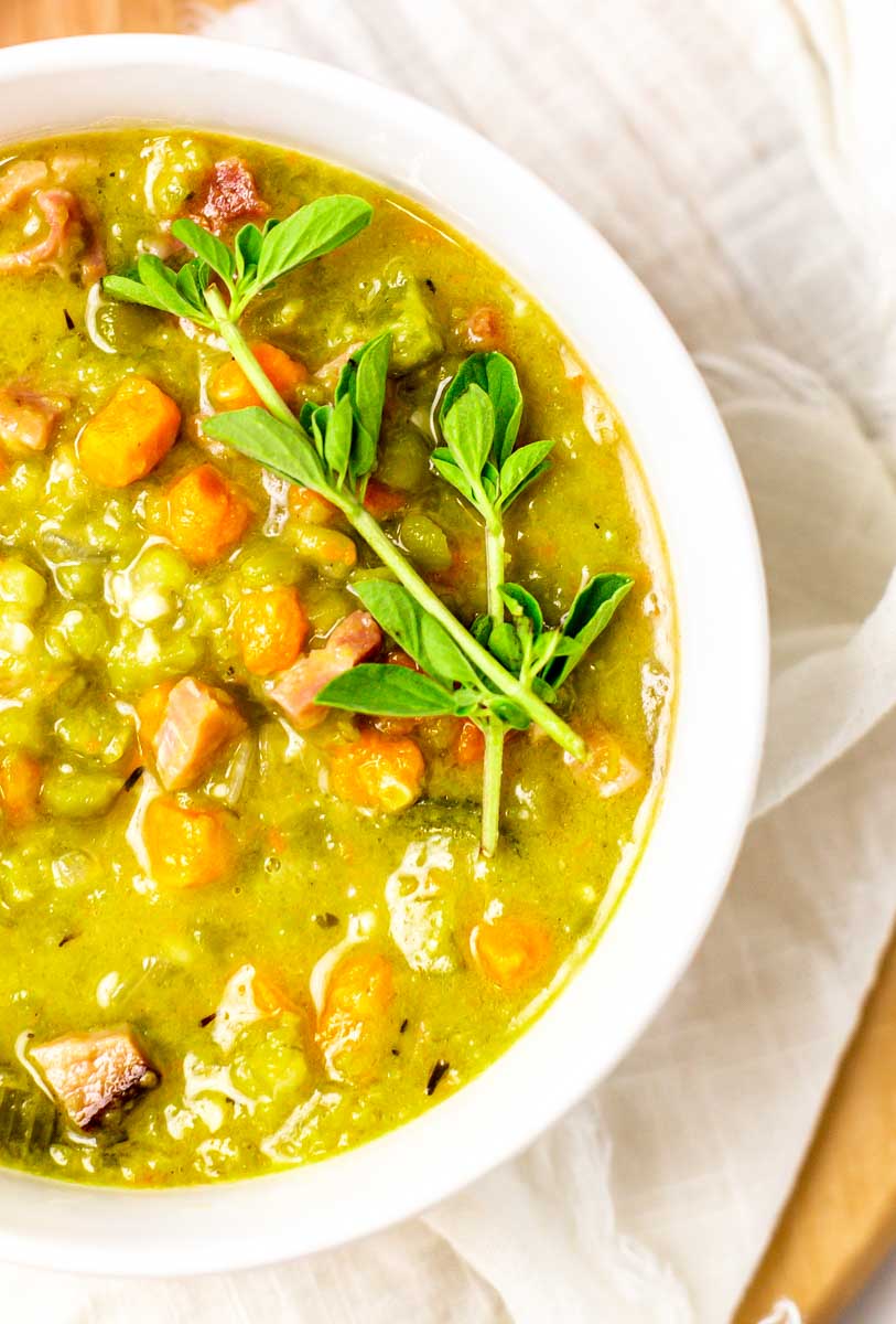 Close-up of finished split pea soup in a bowl.