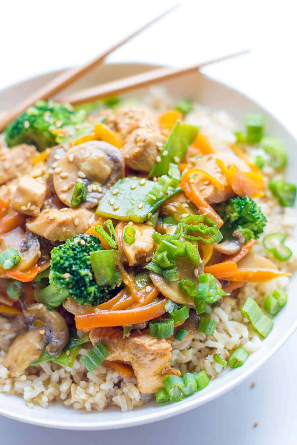 A close up shot of Healthy Chicken Stir Fry in a bowl.