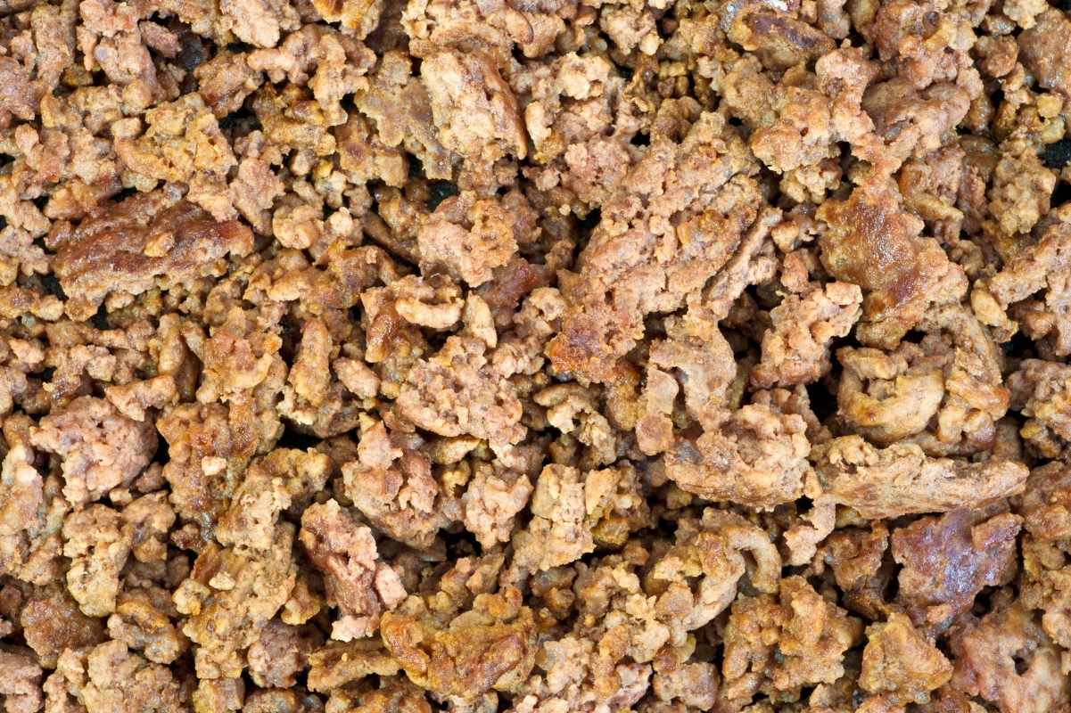 Close view of browned and crumbled ground beef.