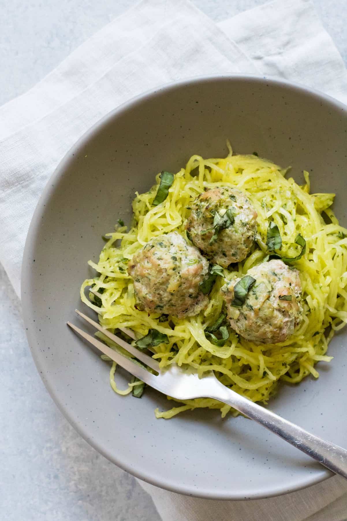 Turkey Florentine Meatballs with Pesto Spaghetti Squash