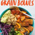 Teal bowl filled with rice, tofu, and veggies. A text overlay reads "How to Make Awesome Grain Bowls."