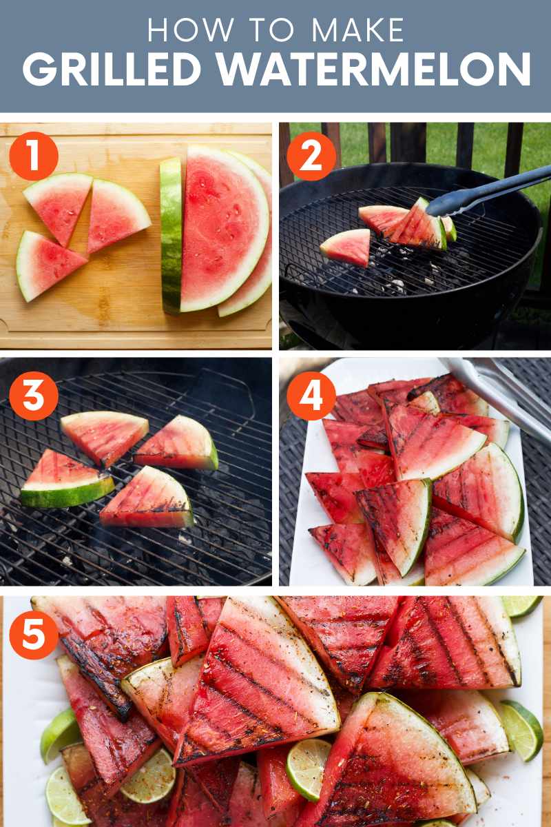 Collage of five simple steps to grill watermelon. A text overlay reads, "How to Make Grilled Watermelon."