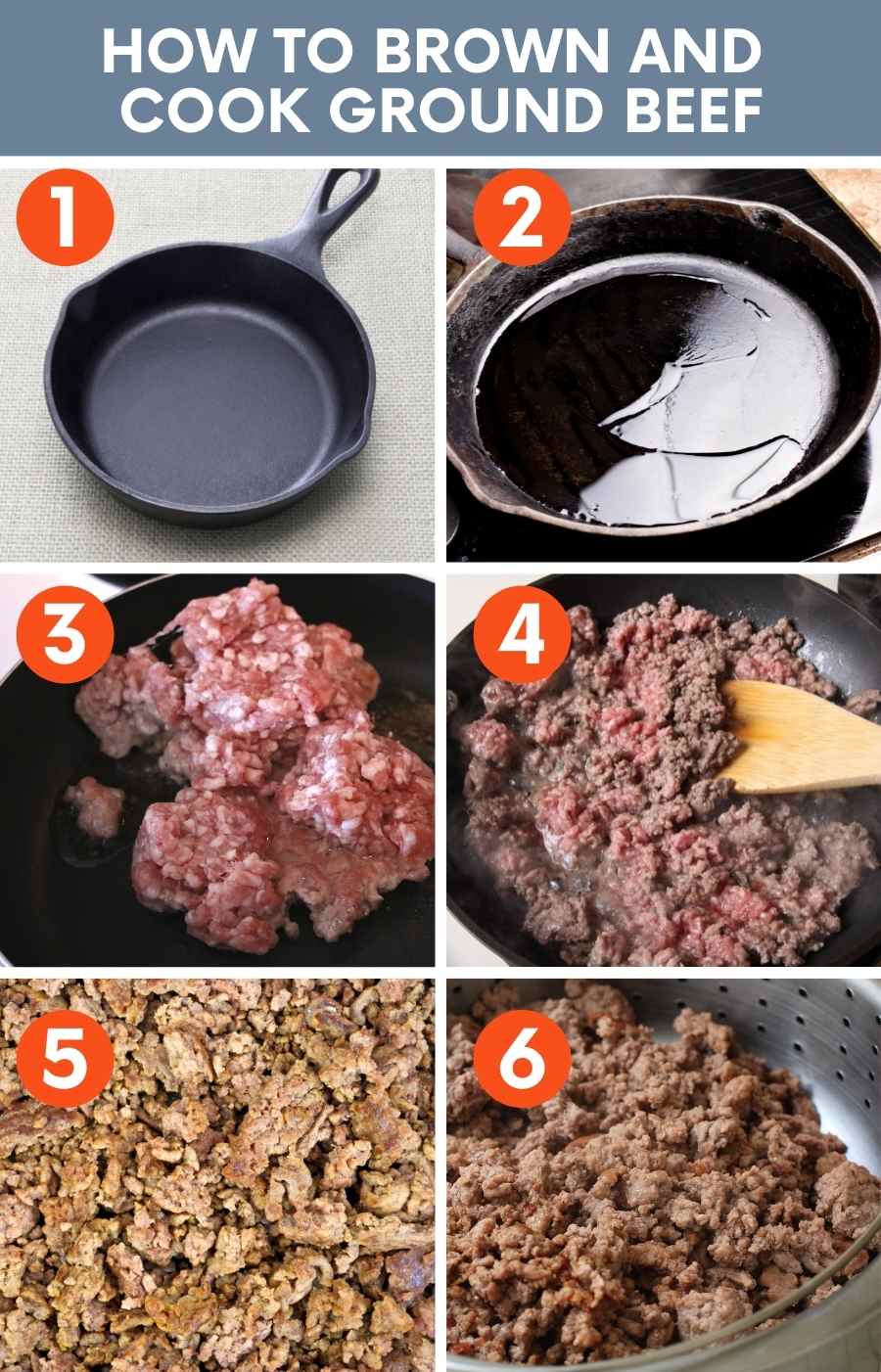 Collage of six steps showing how to brown and cook ground beef.