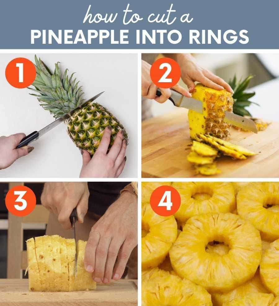 Collage showing four steps to cut a pineapple into rings. A text overlay reads, "How to Cut a Pineapple into Rings."