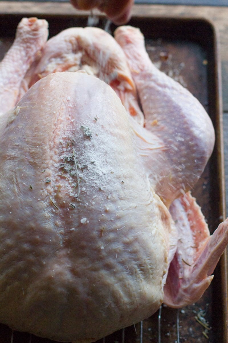 Salt and herbs get sprinkled over raw turkey to dry brine the turkey.