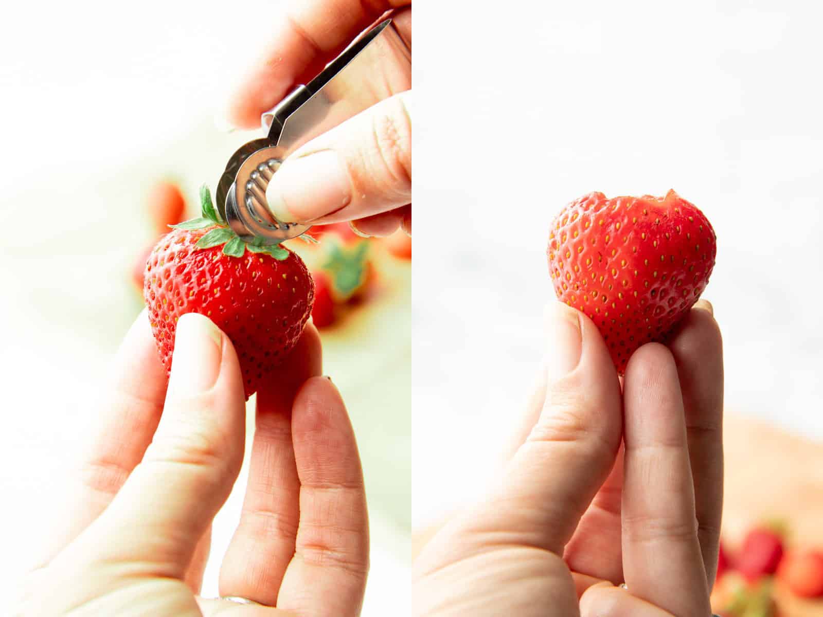 Collage of images showing how to hull strawberries using a strawberry huller.