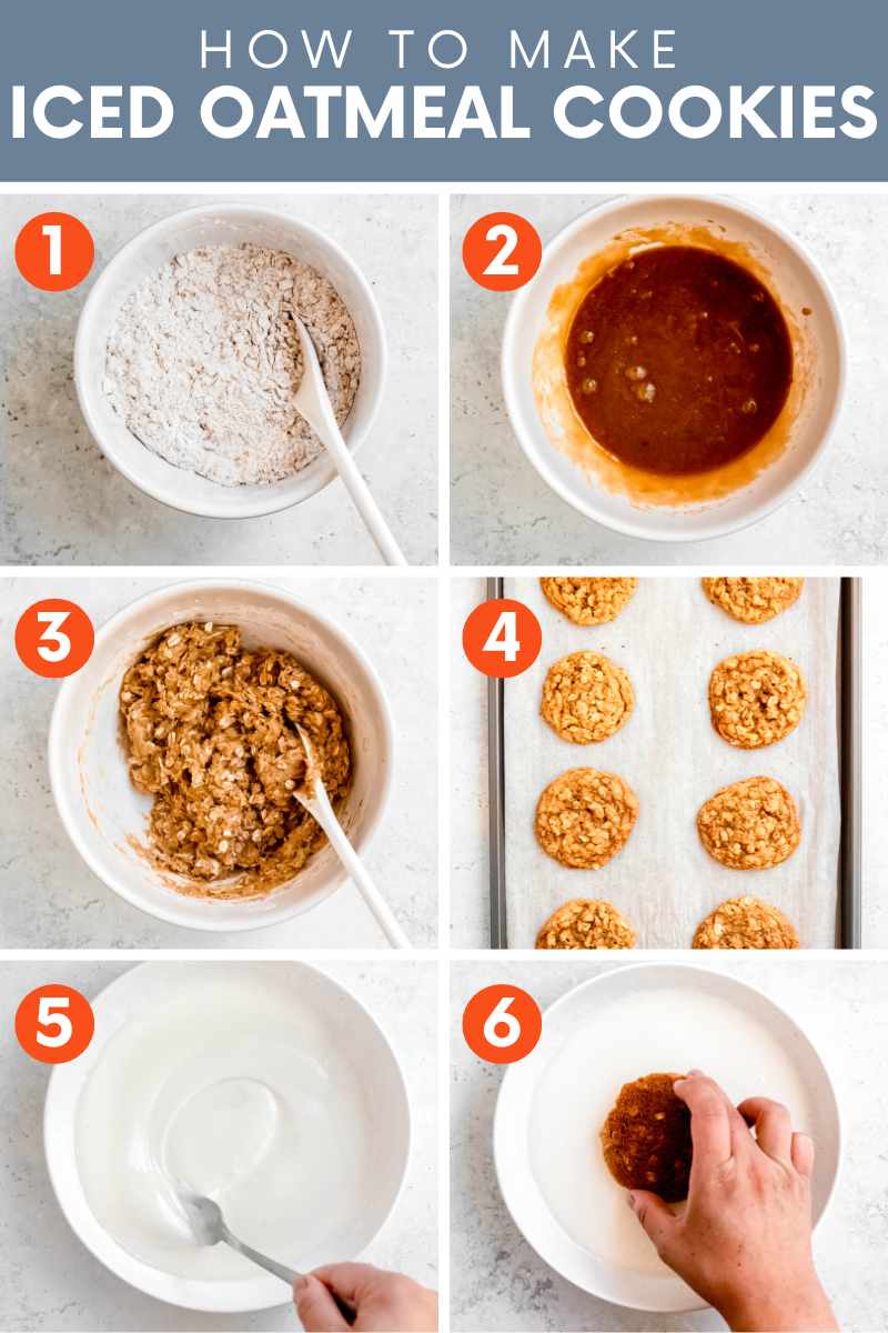 Collage of six simple steps to make iced oatmeal cookies. A text overlay reads, "How to Make Iced Oatmeal Cookies."