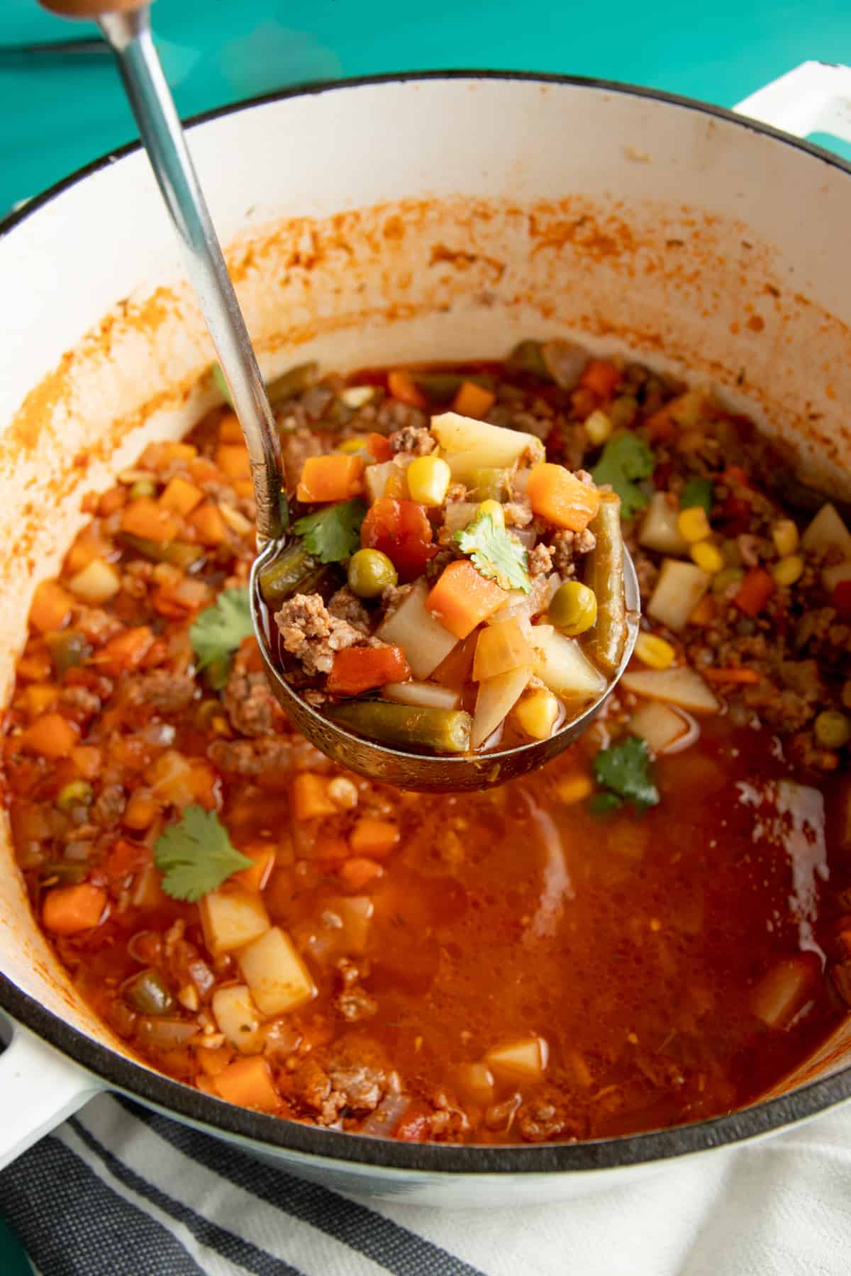 A ladle holds a scoop of soup over a Dutch oven.