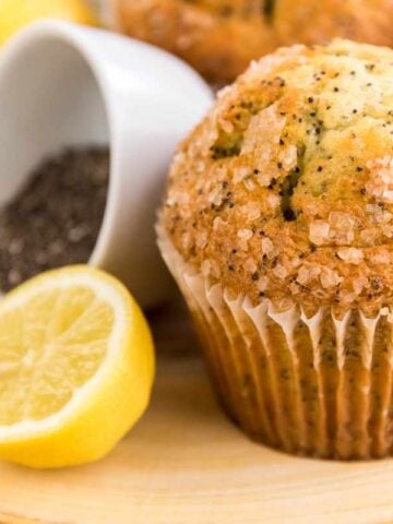 Close view of the bakery-style top on a lemon muffin.