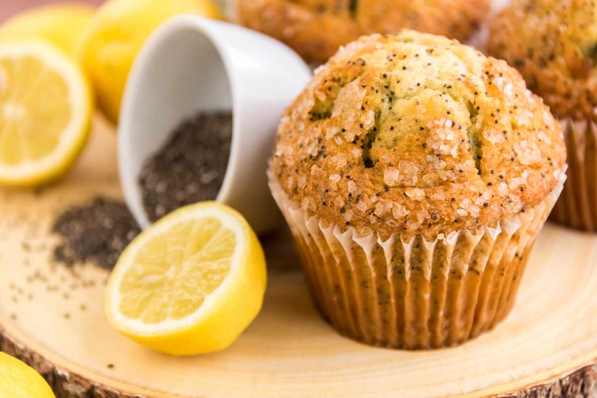 Close view of the bakery-style top on a lemon muffin.