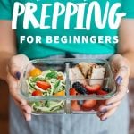 Close-up of a woman holding a divided glass container filled with a prepped meal. A text overlay reads "Food Prepping for Beginners."