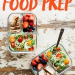 Two divided glass containers filled with a meal prep lunch - chicken, berries, and vegetables. A text overlay reads "The Ultimate Beginner's Guide to Meal Prep."