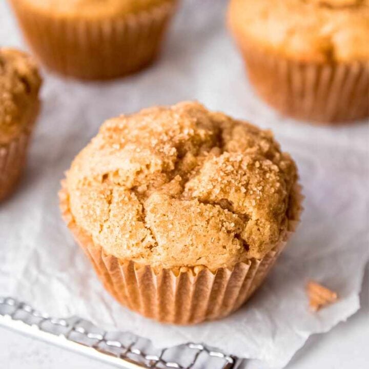 Top view of a peanut butter muffin showing the crunchy sugar topping.