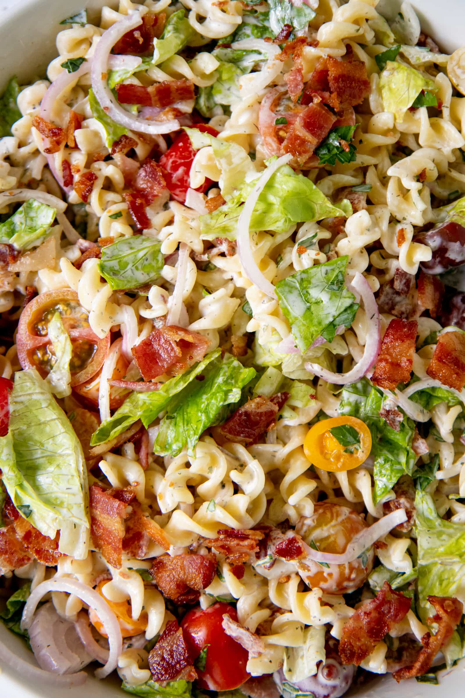 Close up of a Ranch BLT Pasta Salad