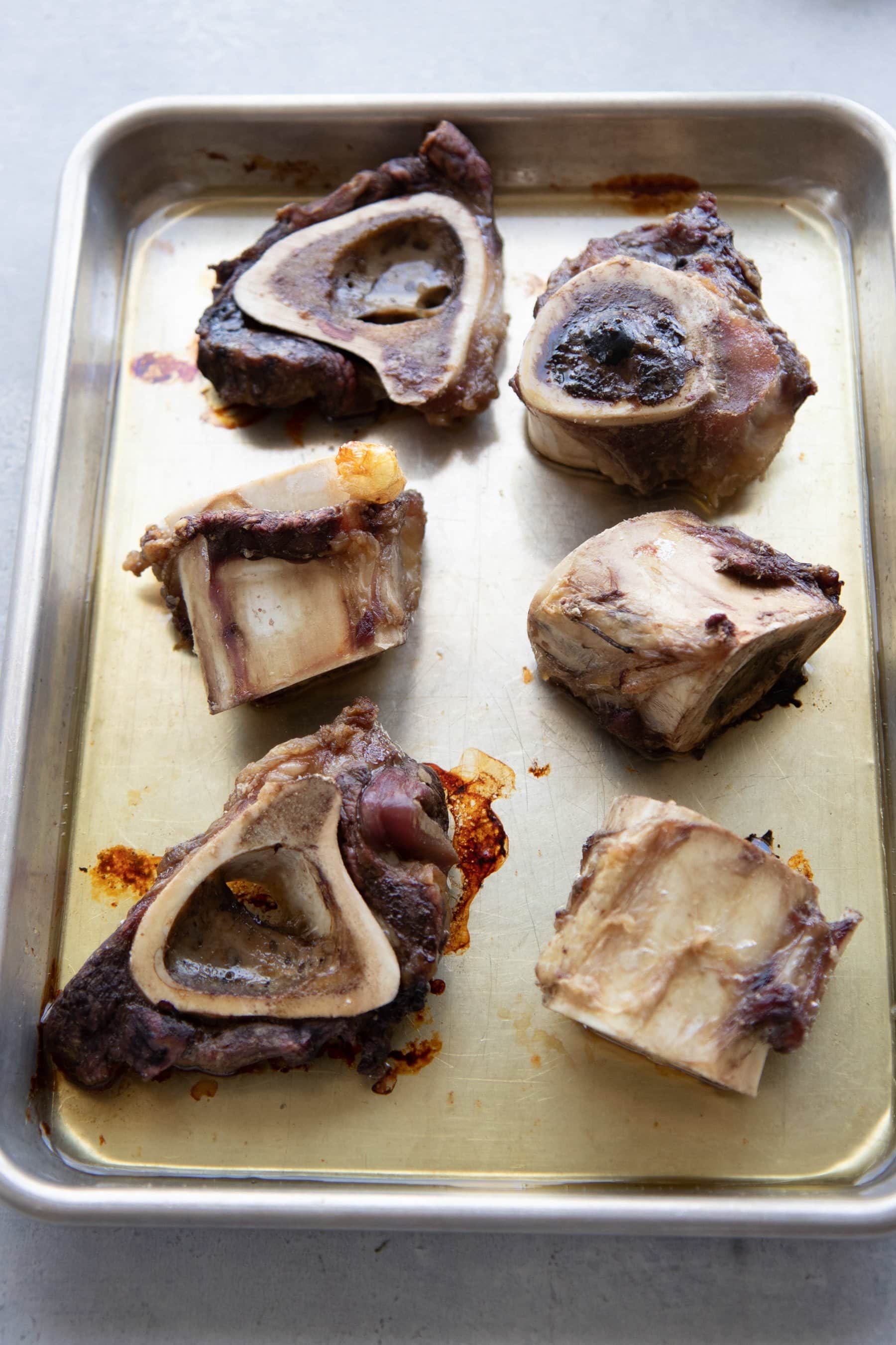 Overhead shot of roasted beef bones 