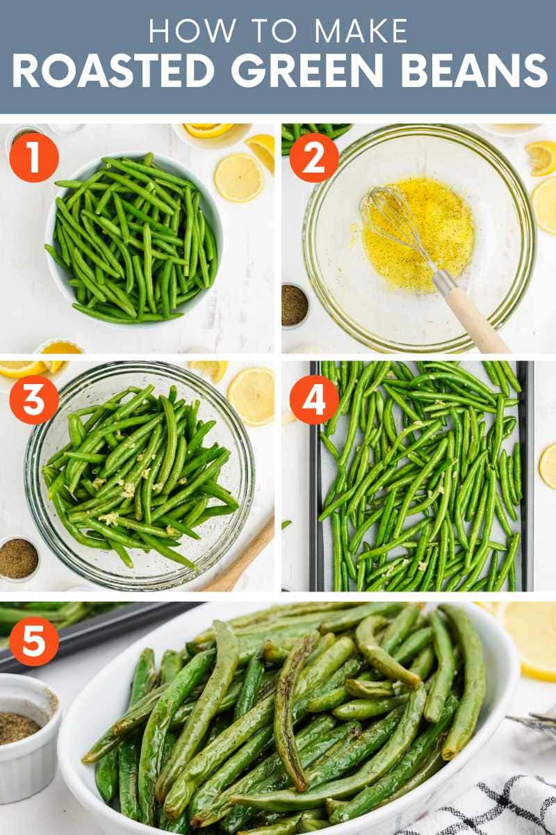 A collage of five easy steps to make roasted green beans. A text overlay reads, "How to Make Roasted Green Beans."