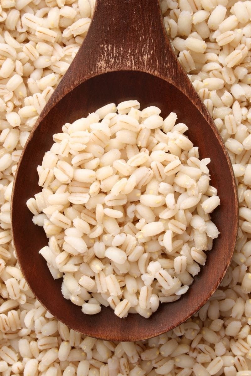 Close view of grains of barley on a wooden spoon.