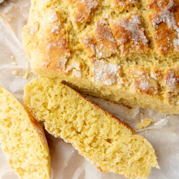 Top view of a sliced loaf of homemade gluten-free bread.