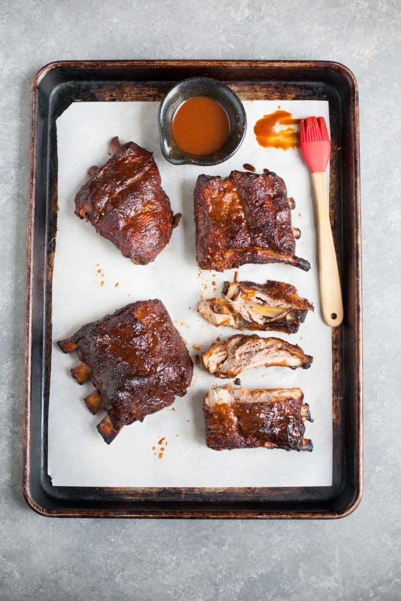 Overhead shot of Slow Cooker Barbecue Ribs on a white background