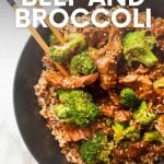 Beef and broccoli over quinoa in a black bowl with chopsticks. A text overlay reads "Slow Cooker Beef and Broccoli"