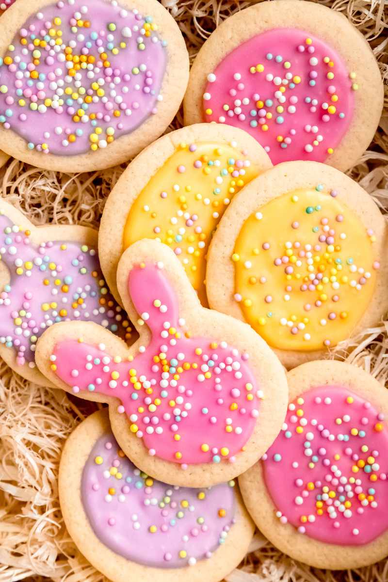 Close view of colorful frosted cookies for spring.