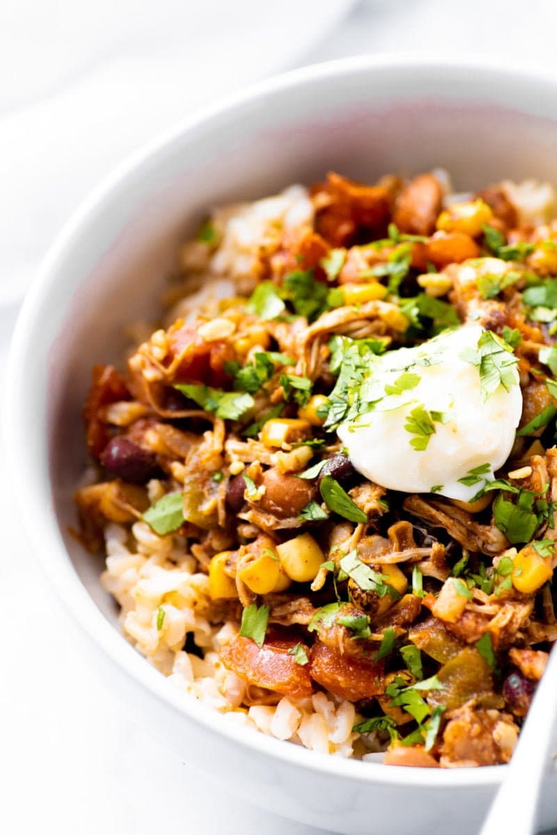 Close up shot of Slow Cooker Summer Chicken Chili in a white bowl