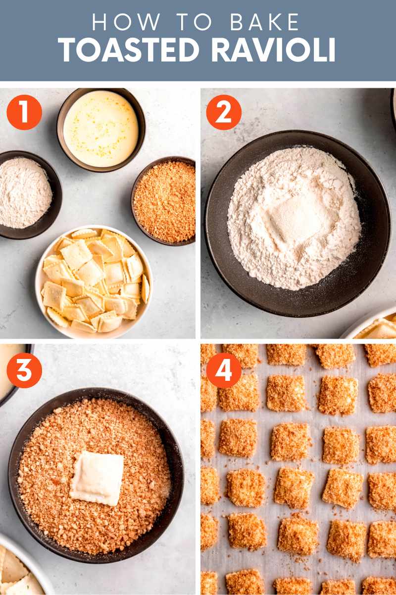 Collage of four simple steps to make baked toasted ravioli. A text overlay reads, "How to Bake Toasted Ravioli."