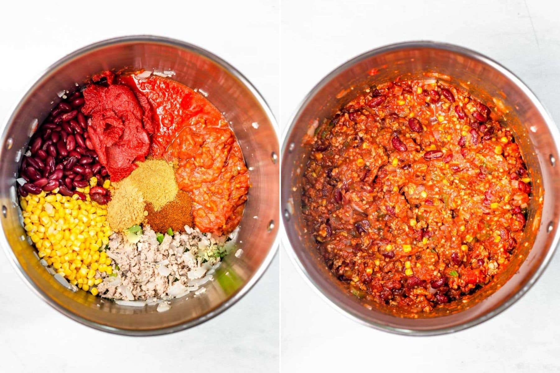 Collage of all the ingredients for chili in a pot with each ingredient separate and all the ingredients stirred together.