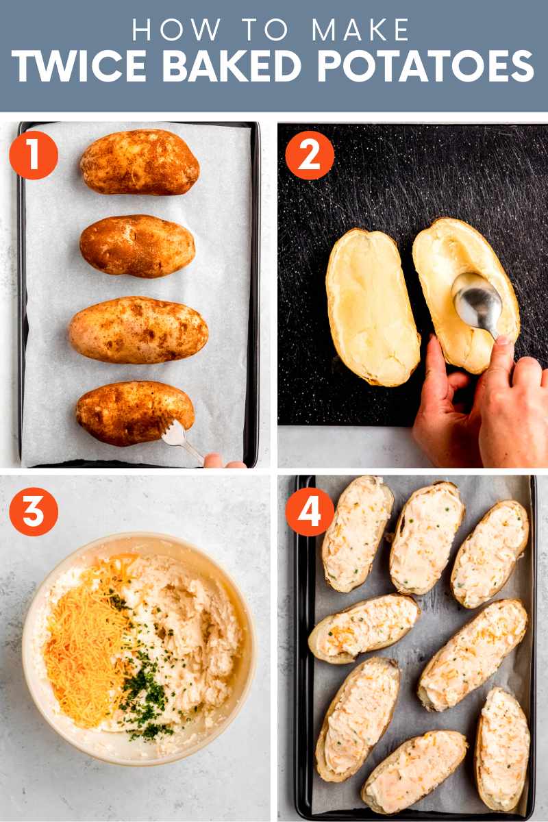 Collage of four simple steps to make twice-baked potatoes. A text overlay reads, "How to Make Twice Baked Potatoes."