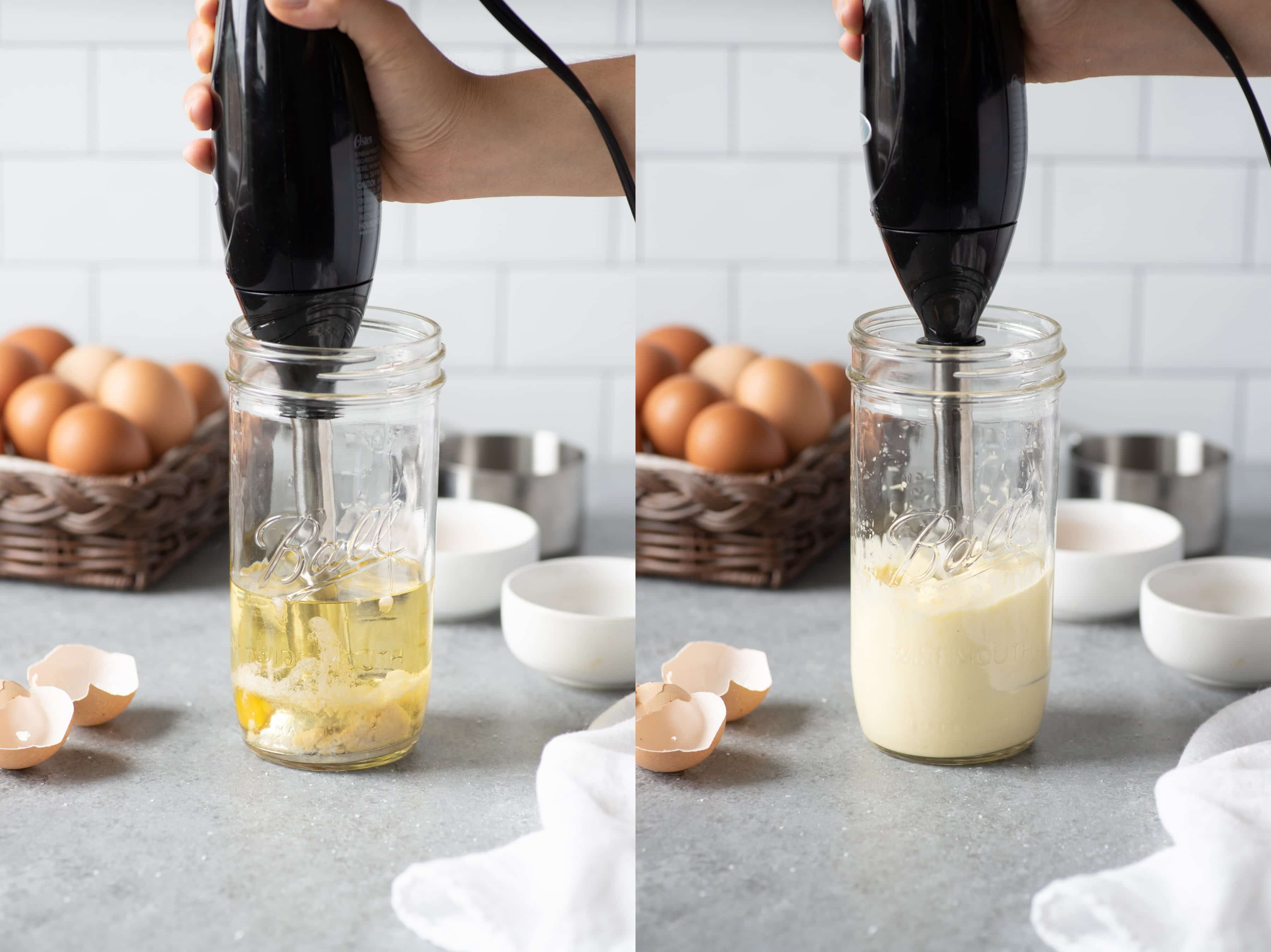 Side-by-side shot of making mayo and finished Homemade Mayo