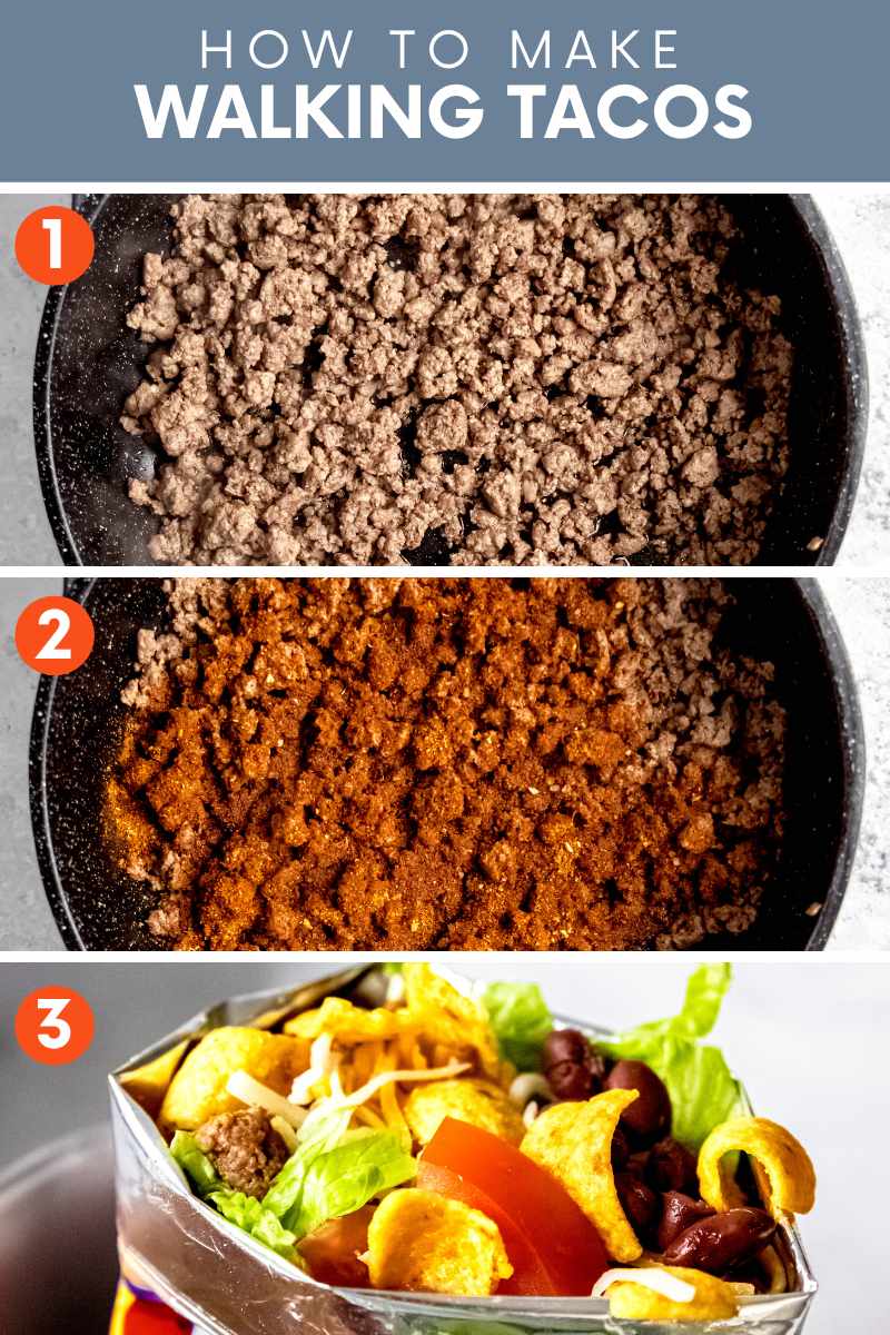 Collage of three easy steps to make walking tacos.